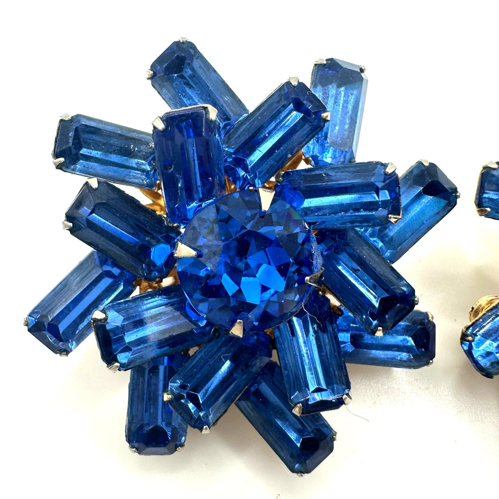 Vintage gold tone large royal blue glass rhinestones starburst clip on earrings