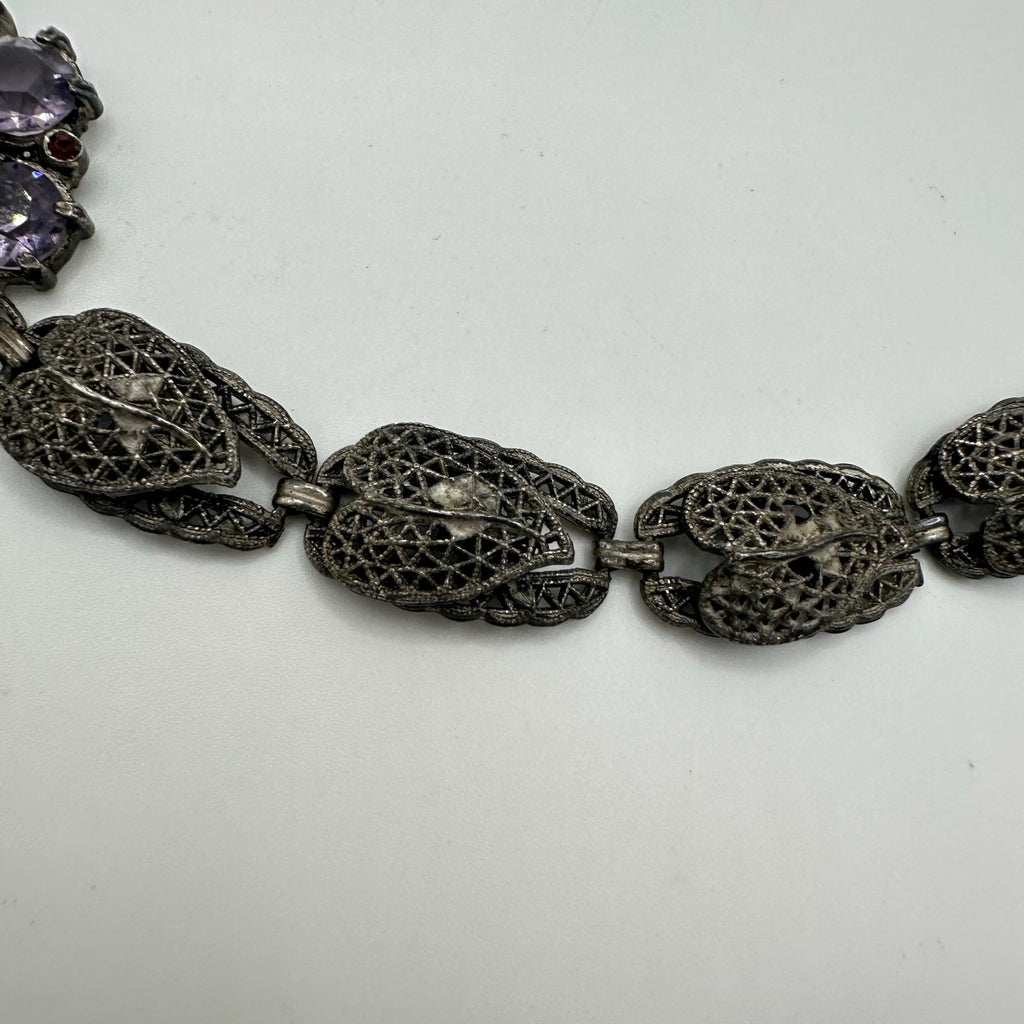 Antique Art Deco silver tone purple glass faux amethyst gemstones bracelet