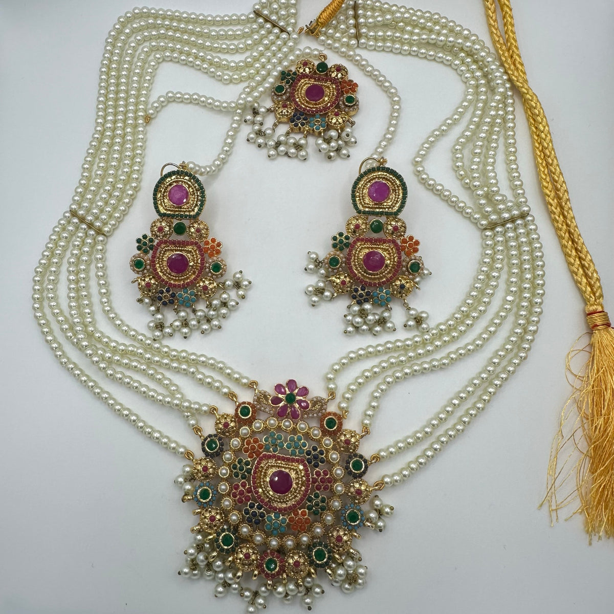 Indian gold kundan pearl gems necklace earrings maang tikka full mala set