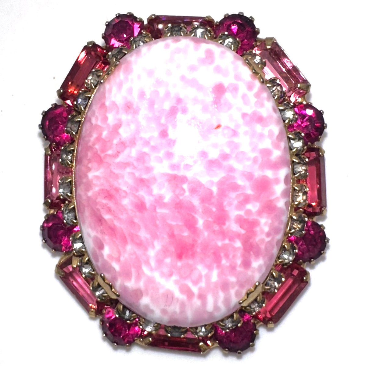 Vintage gold tone oval pink mottled art glass cabochon rhinestones brooch