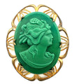 Antique vintage molded emerald green glass cameo gold tone brass brooch