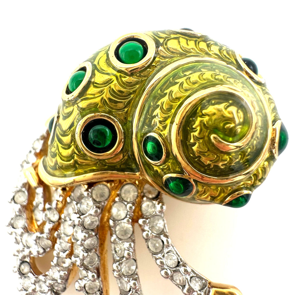 Swarovski Swan vintage gold plated Austrian crystal green enamel nautilus brooch