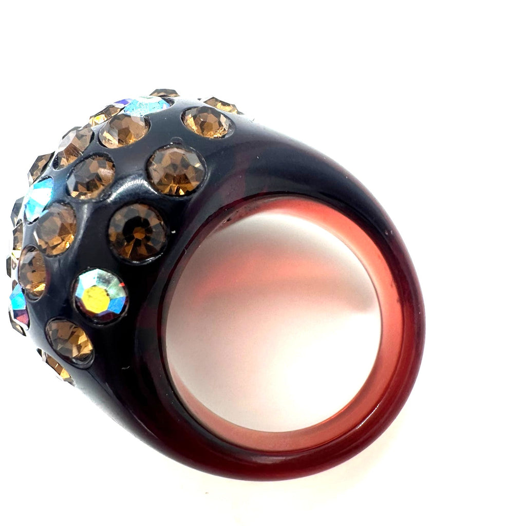 Vintage black cherry red lucite brown root beer AB rhinestones domed ring 6.5