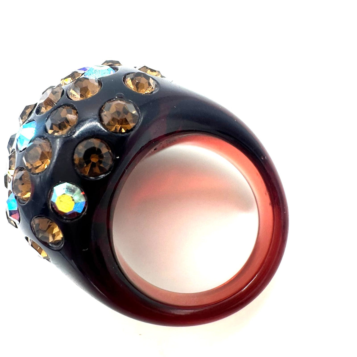 Vintage black cherry red lucite brown root beer AB rhinestones domed ring 6.5