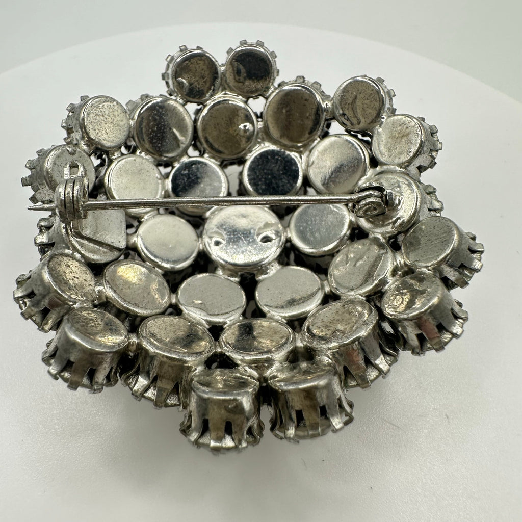 1950s vintage silver tone clear rhinestones sawtooth prong round domed 3D brooch