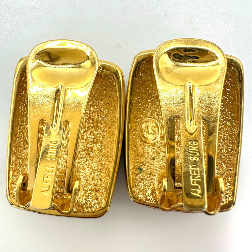 Alfred Sung vintage gold tone clear rhinestones black enamel clip on earrings