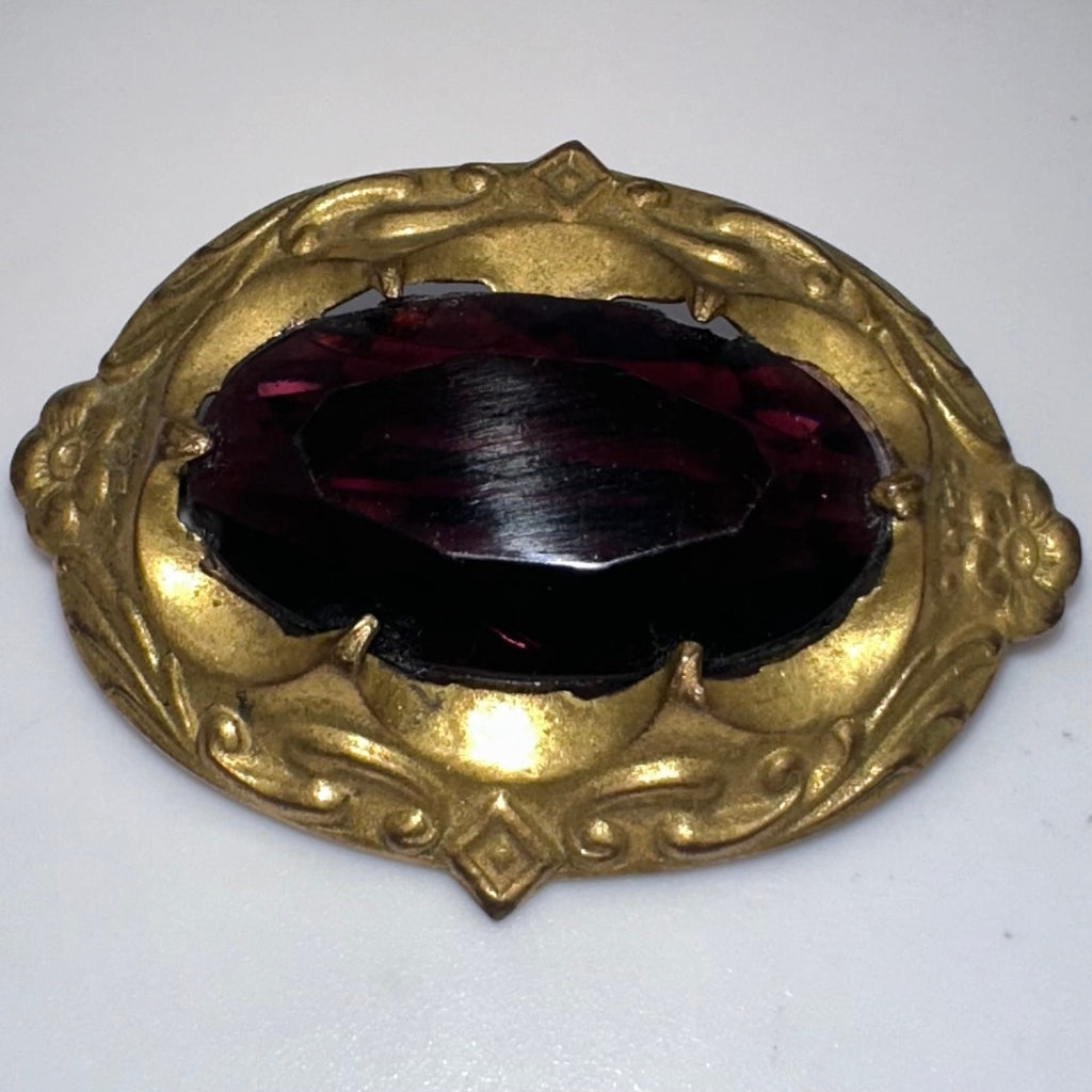 Antique 1900s Arts Crafts Nouveau gold gilt brass purple glass sash pin brooch
