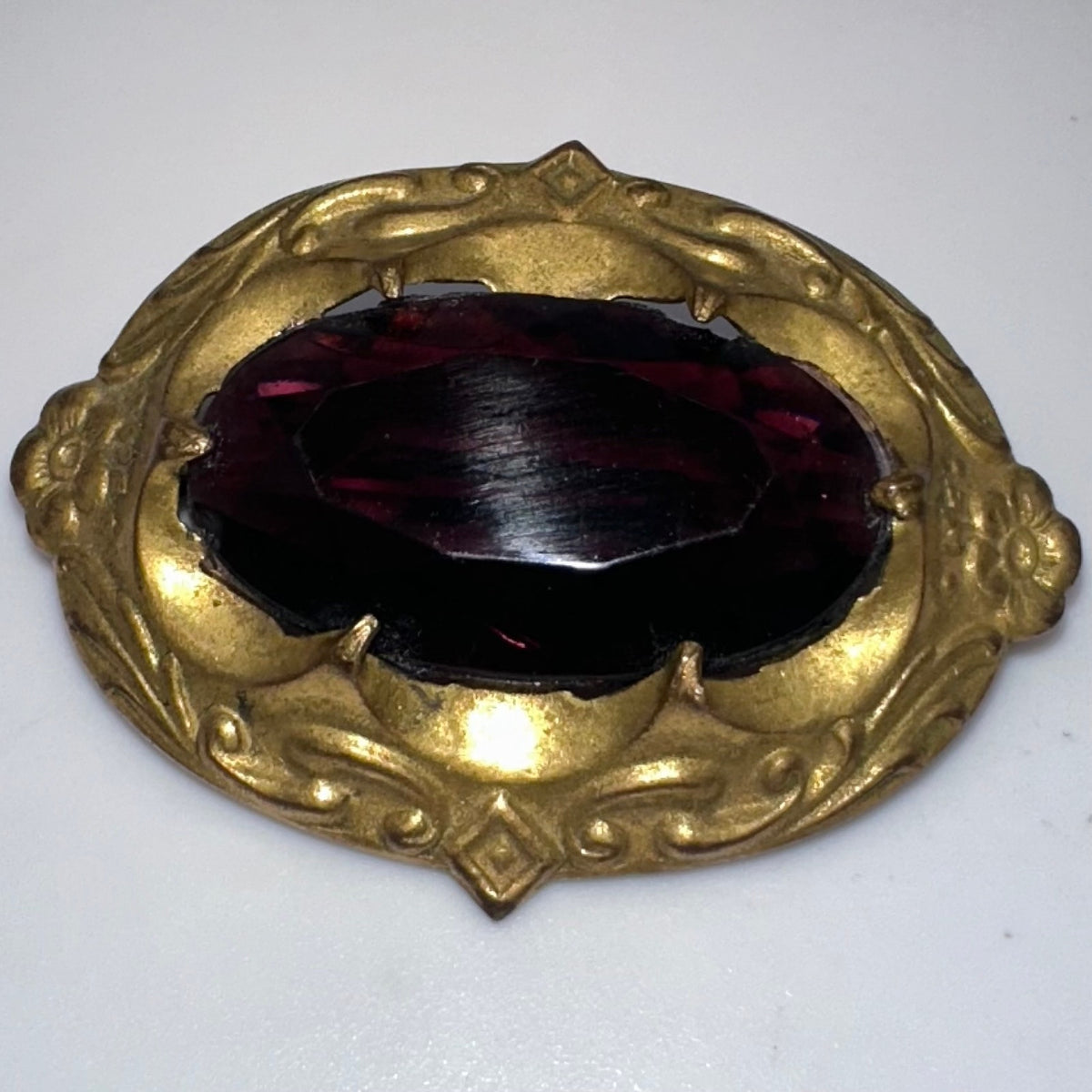 Antique 1900s Arts Crafts Nouveau gold gilt brass purple glass sash pin brooch