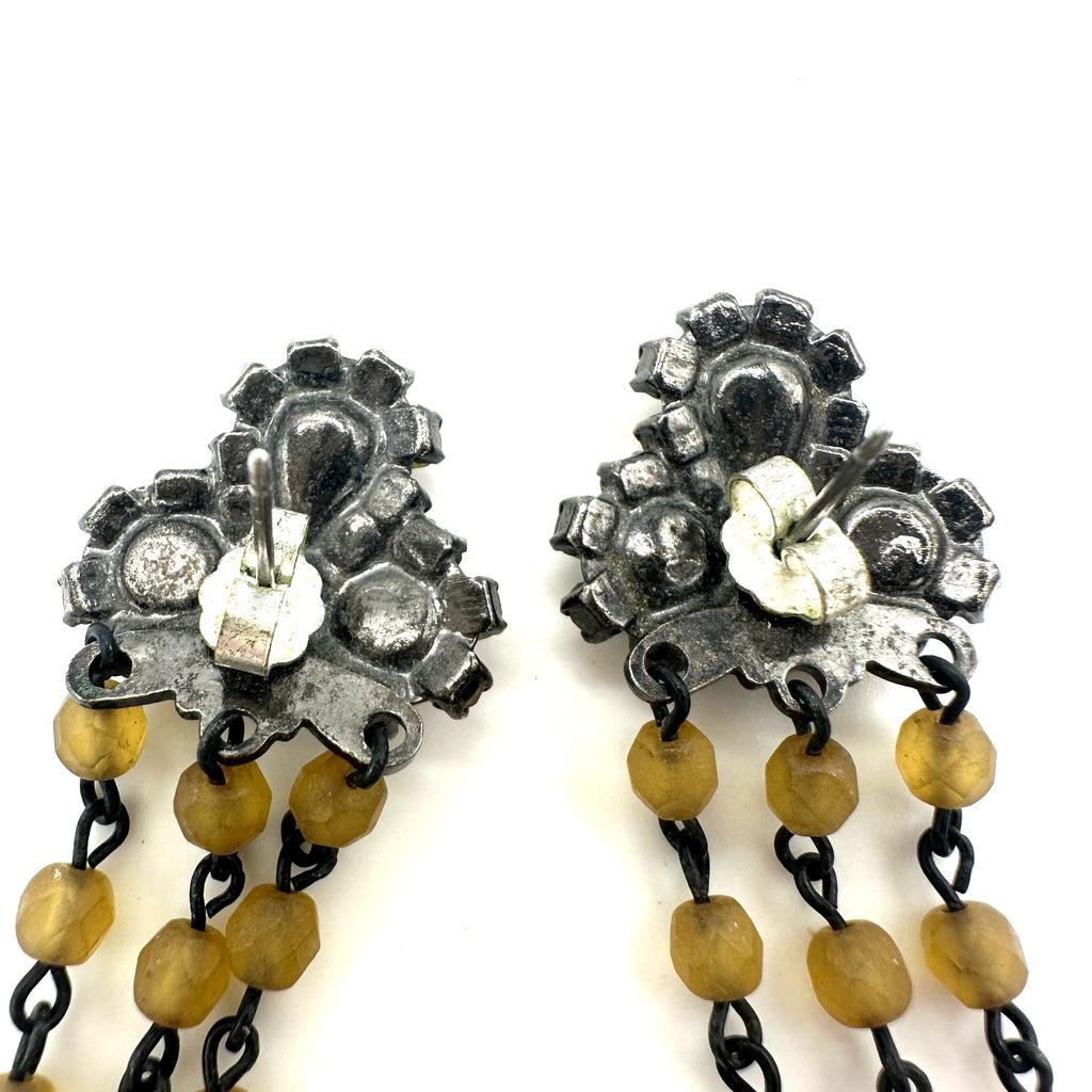 Vintage silver pewter tone topaz rhinestones beaded fringe drop post earrings