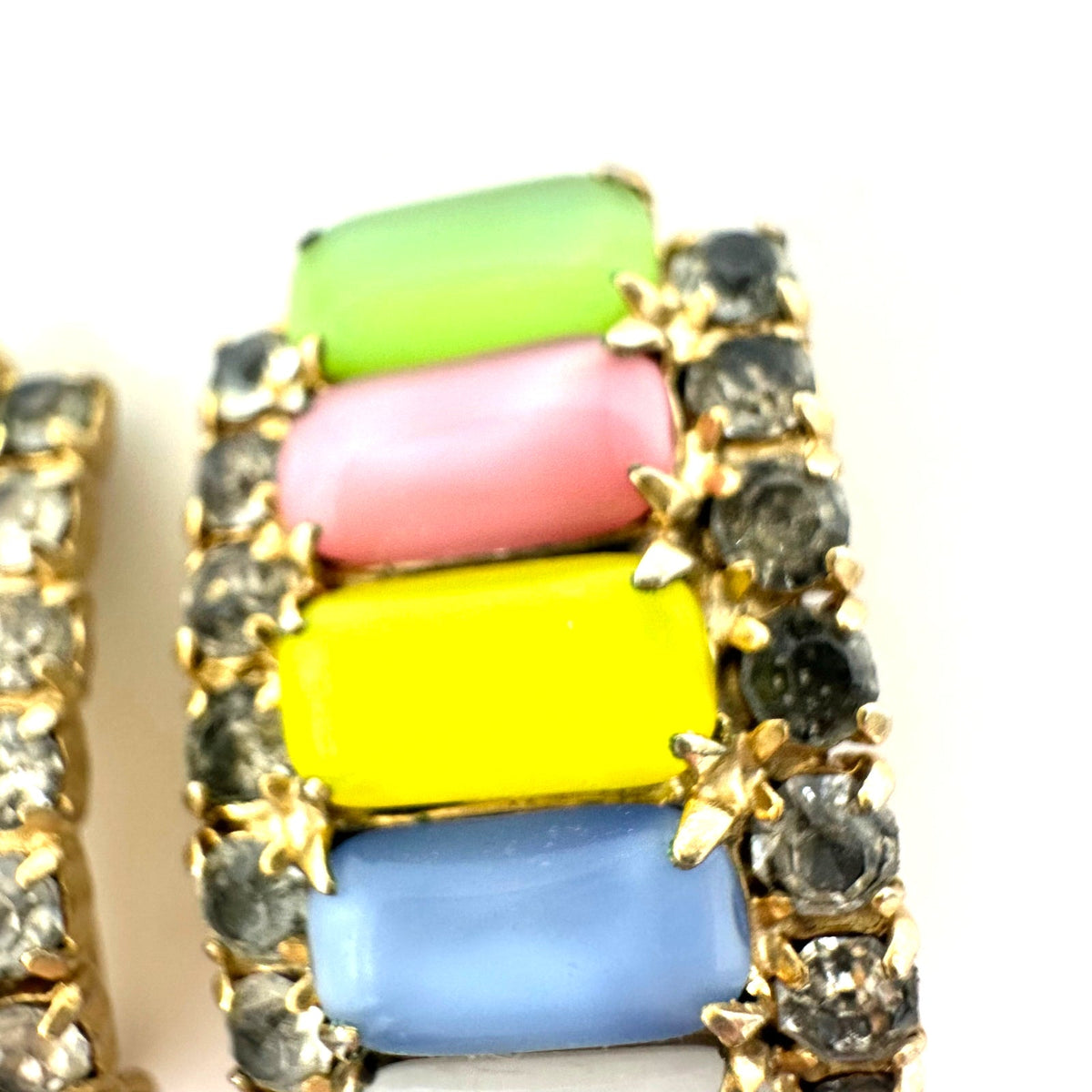 Vintage gold tone multicolor satin glass cabochons rhinestones clip on earrings