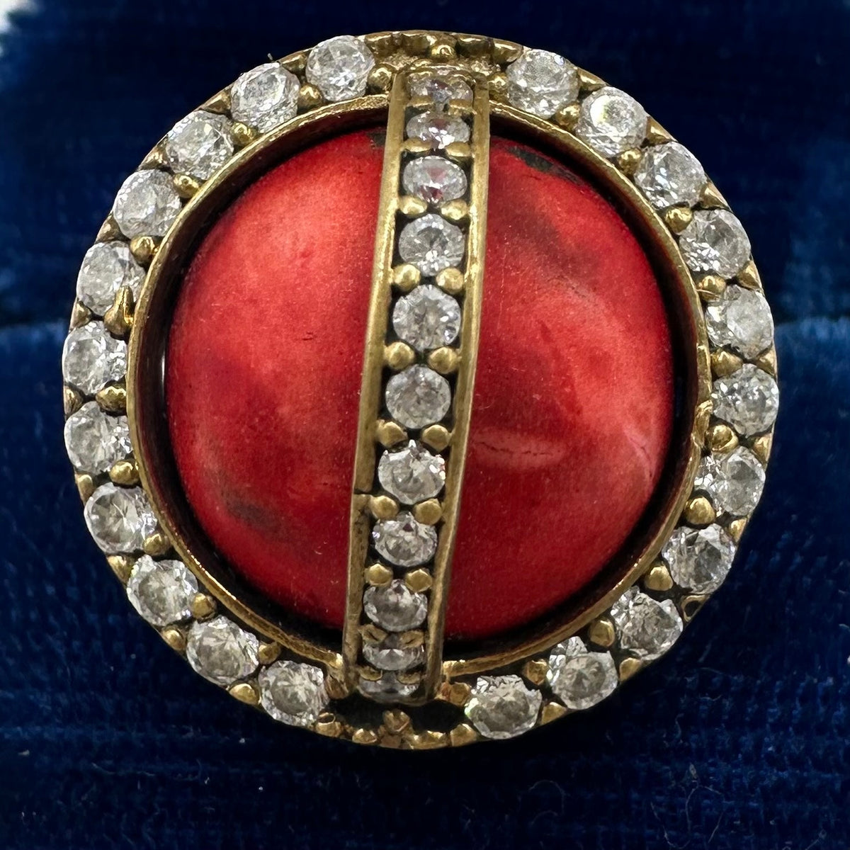 Vintage 925 sterling silver gold plated caged genuine red jasper CZ ring 8.5