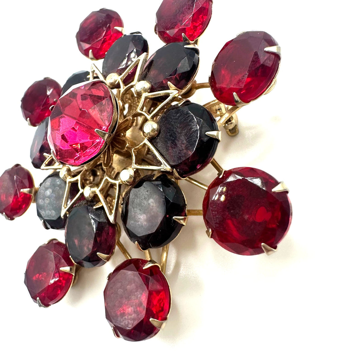 Vintage gold tone red pink purple UV cadmium glass rhinestones large brooch