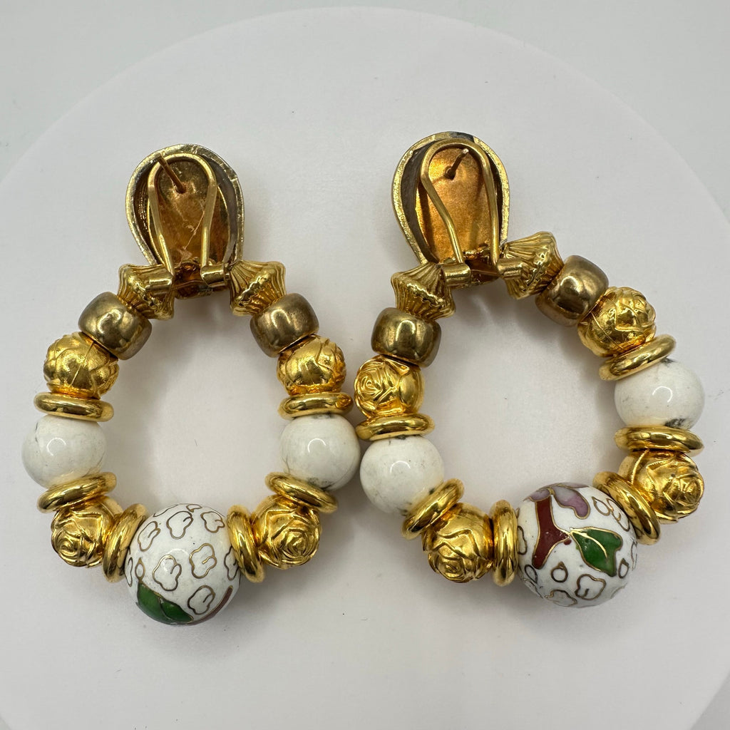 1980s vintage gold tone statement cloisonne enamel beaded dangle post earrings