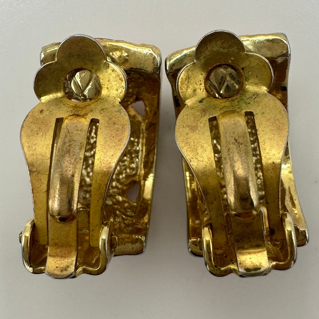Vintage gold tone clear rhinestones red enamel half hoops clip on earrings