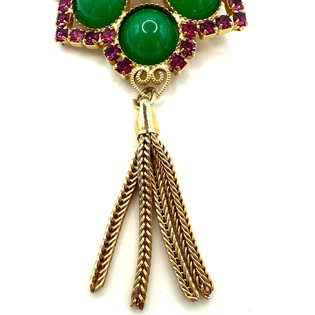 Juliana gold tone pink clear rhinestones green cabochons chains fringe brooch