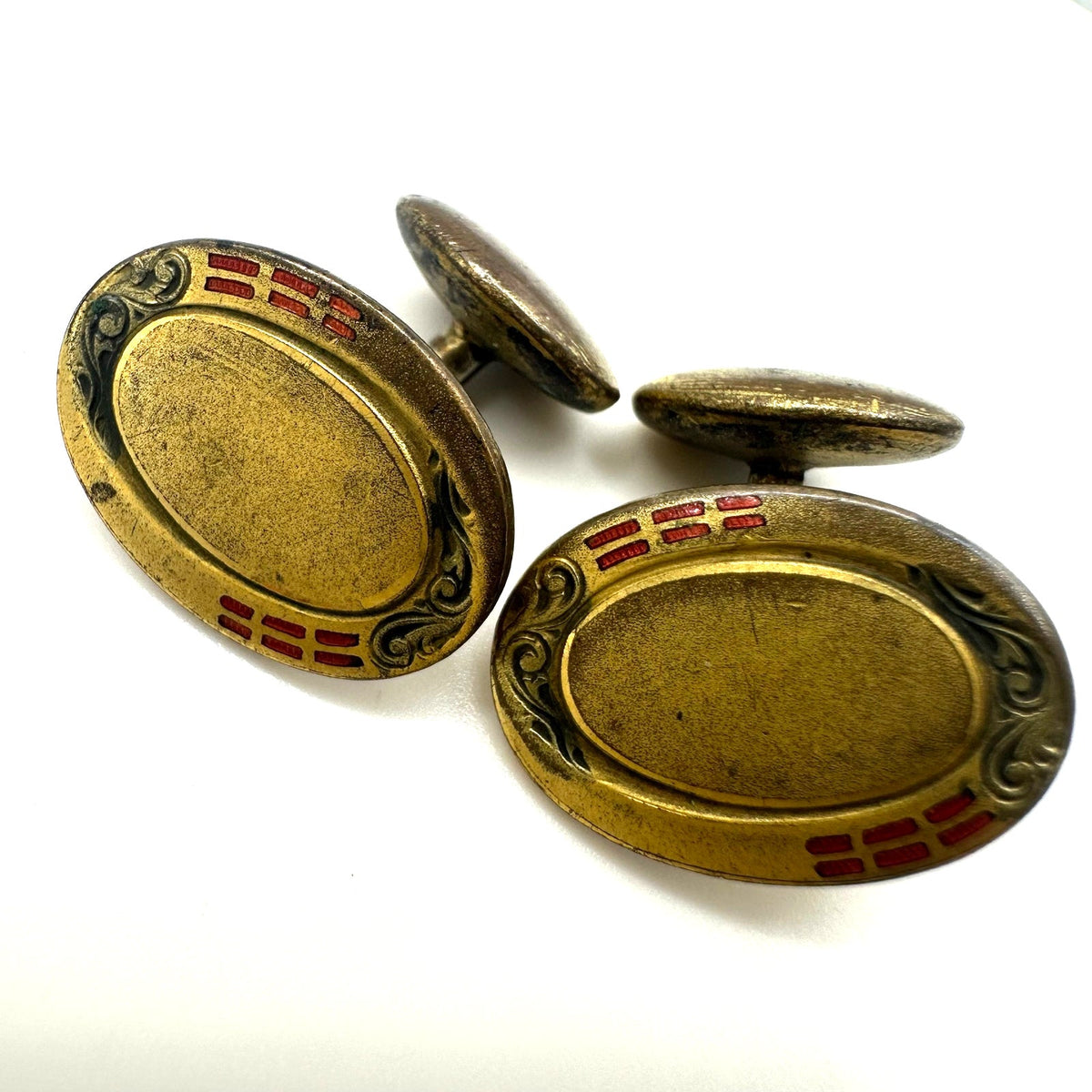 SBCo antique Edwardian Art Deco gold gilt black red cloisonne enamel cufflinks