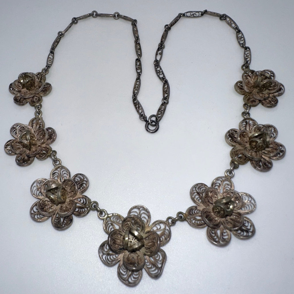 1940s vintage sterling silver handmade filigree graduated necklace 30.50g