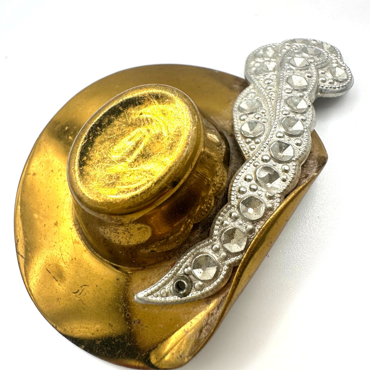 Vintage gold tone brass pot metal silver gold tone Spanish feather hat brooch