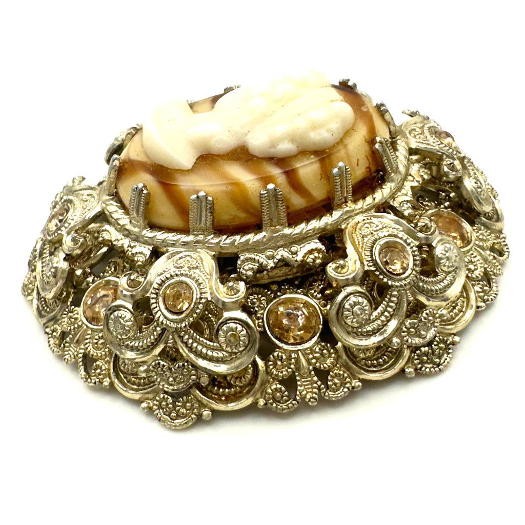West Germany 1950s gold tone art glass agate cameo rhinestones filigree brooch
