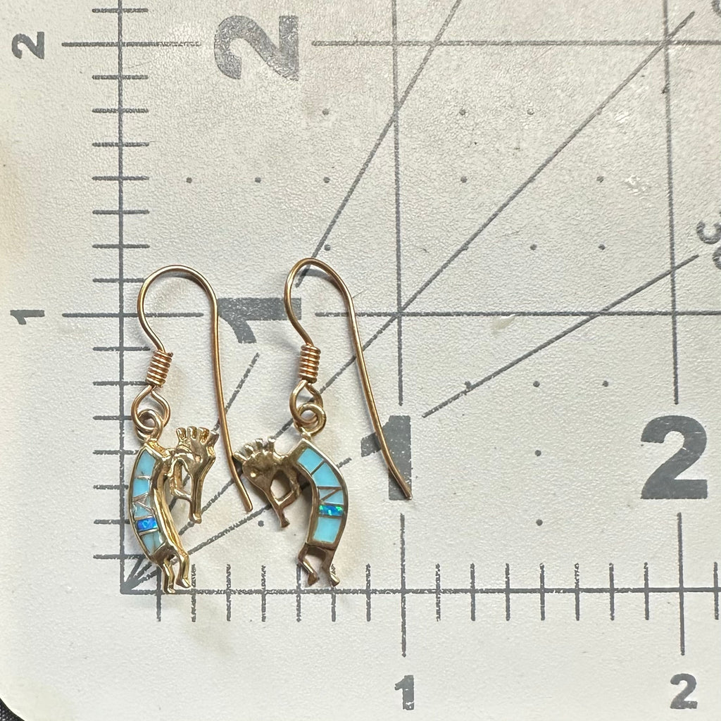 Native American bronze gold tone fire opal turquoise inlay Kokopelli earrings