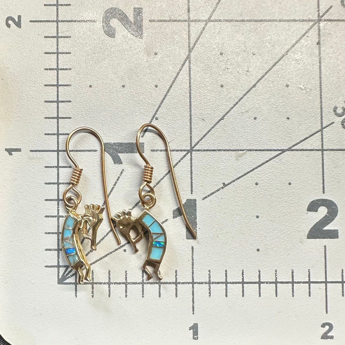 Native American bronze gold tone fire opal turquoise inlay Kokopelli earrings
