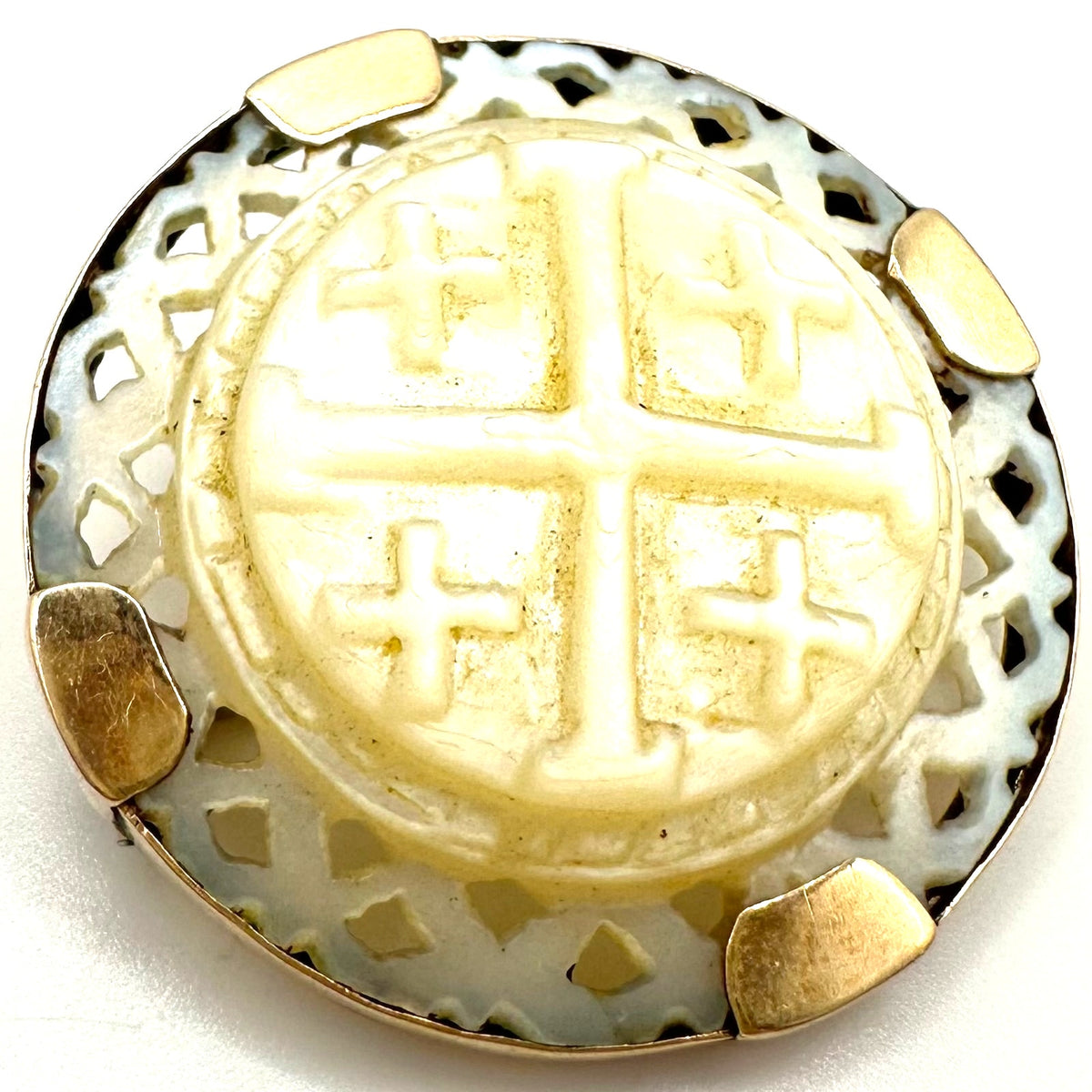 Antique Victorian solid 10kt gold mother of pearl Jerusalem cross brooch 5.72g
