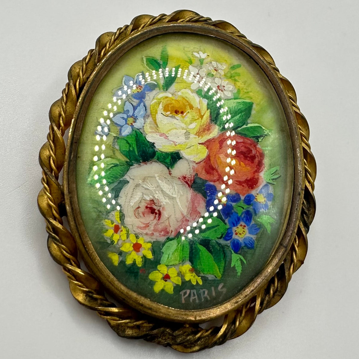 Paris vintage oval brass hand painted multicolor flowers floral bouquet brooch