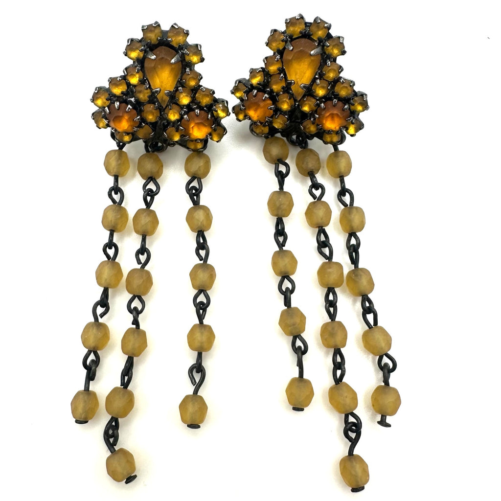 Vintage silver pewter tone topaz rhinestones beaded fringe drop post earrings