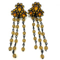 Vintage silver pewter tone topaz rhinestones beaded fringe drop post earrings