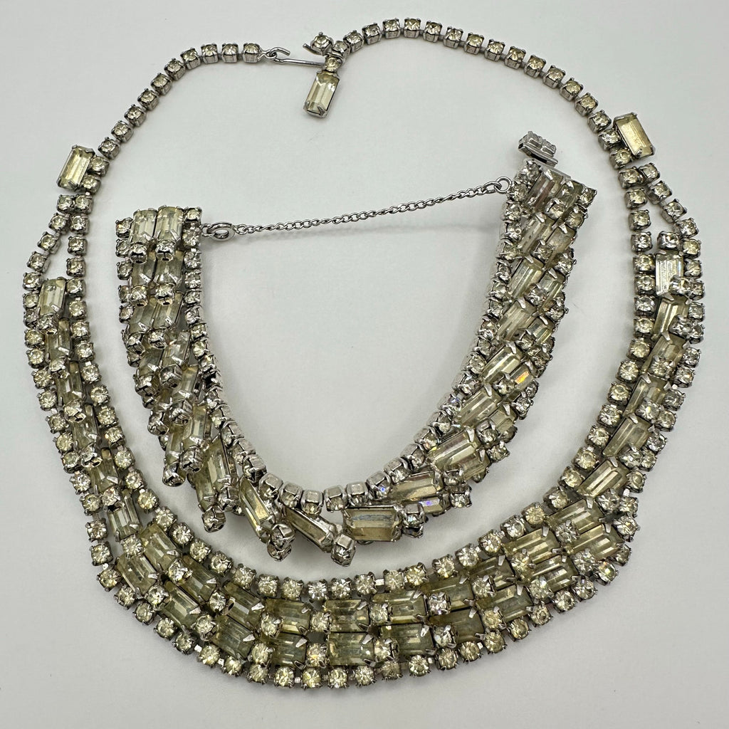 Vintage 1950s silver tone clear rhinestones tennis bracelet necklace parure