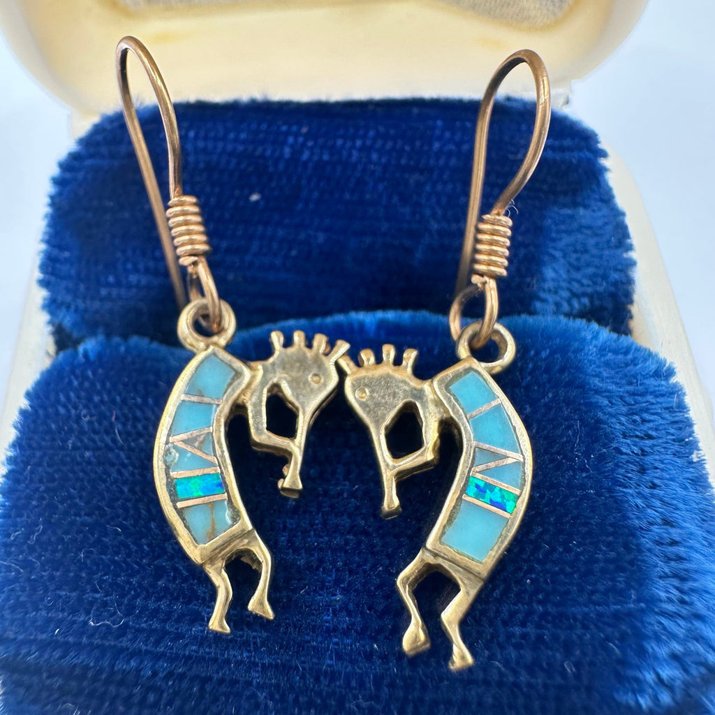 Native American bronze gold tone fire opal turquoise inlay Kokopelli earrings