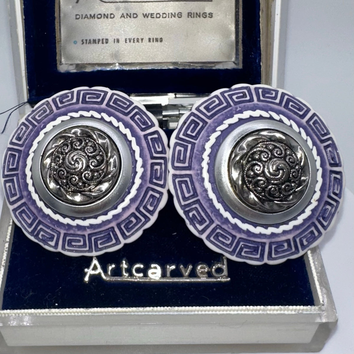 1980s vintage silver tone blue white Greek Key statement clip on earrings