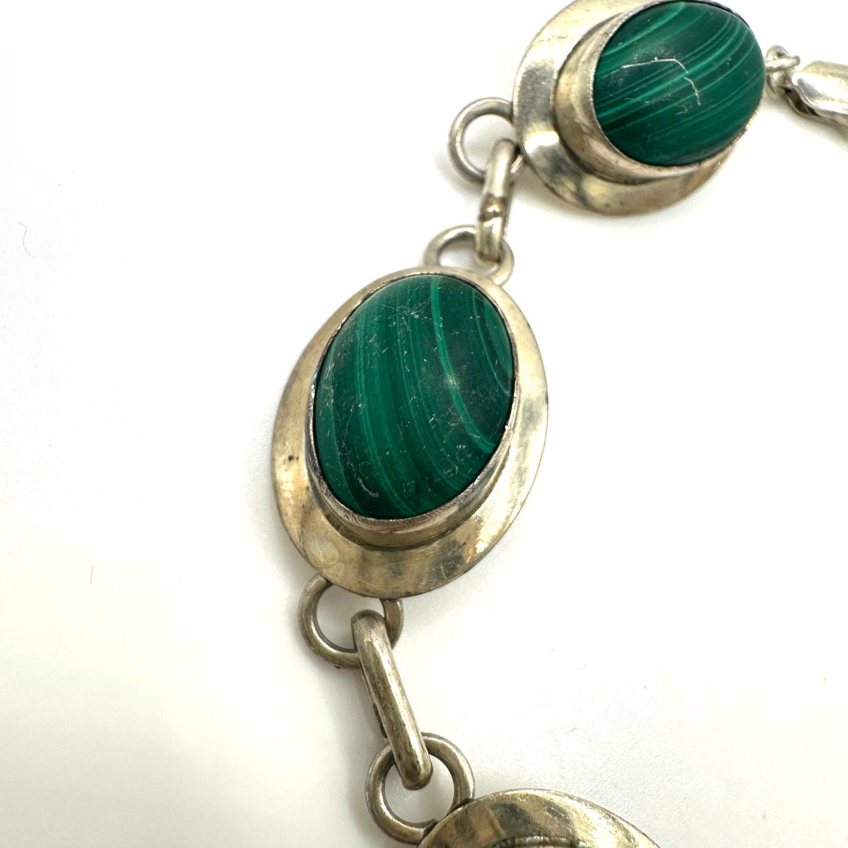 Vintage 925 sterling silver 6 genuine green malachite cabochons bracelet 8"