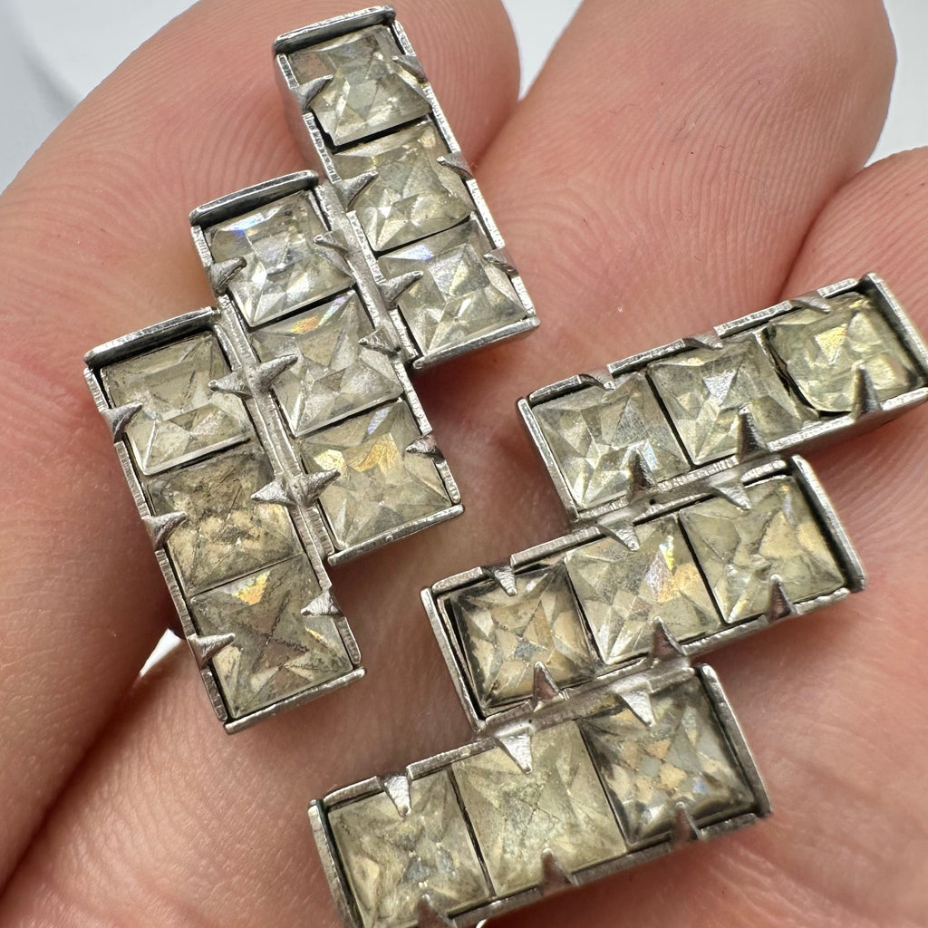 1940s vintage retro clear square rhinestones silver tone screw back earrings
