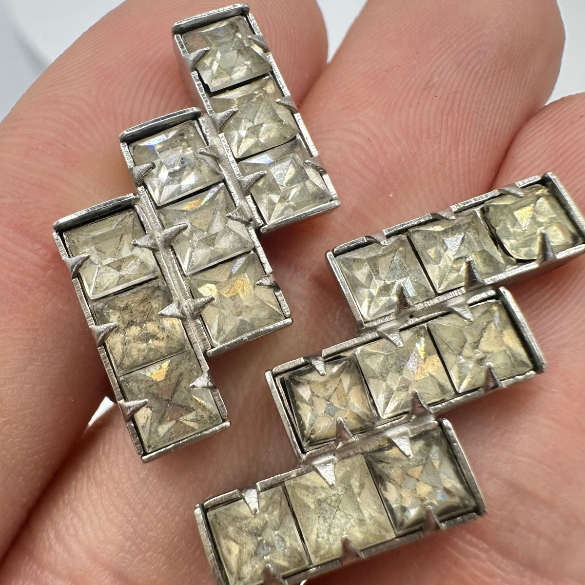 1940s vintage retro clear square rhinestones silver tone screw back earrings