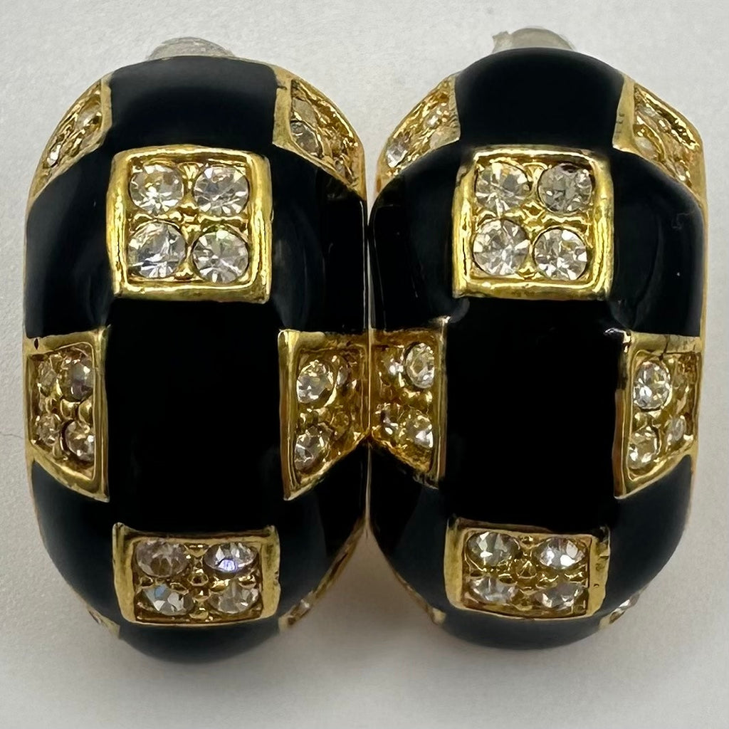 Roman vintage gold tone clear rhinestones black enamel half hoops post earrings
