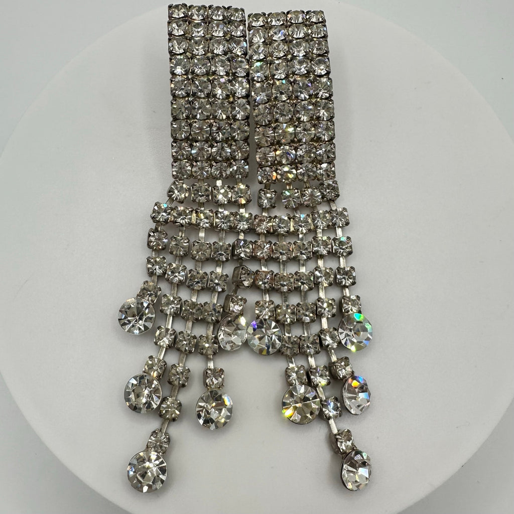 Vintage silver tone clear rhinestones 5 strands fringe 4" drop post earrings