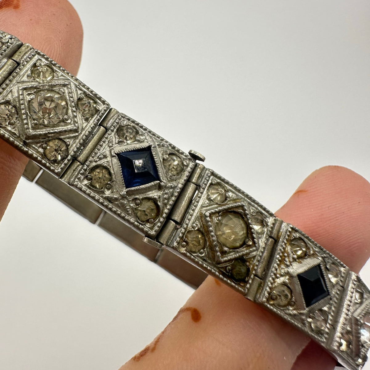 Diamond Finish antique Art Deco pot metal clear blue rhinestones bracelet