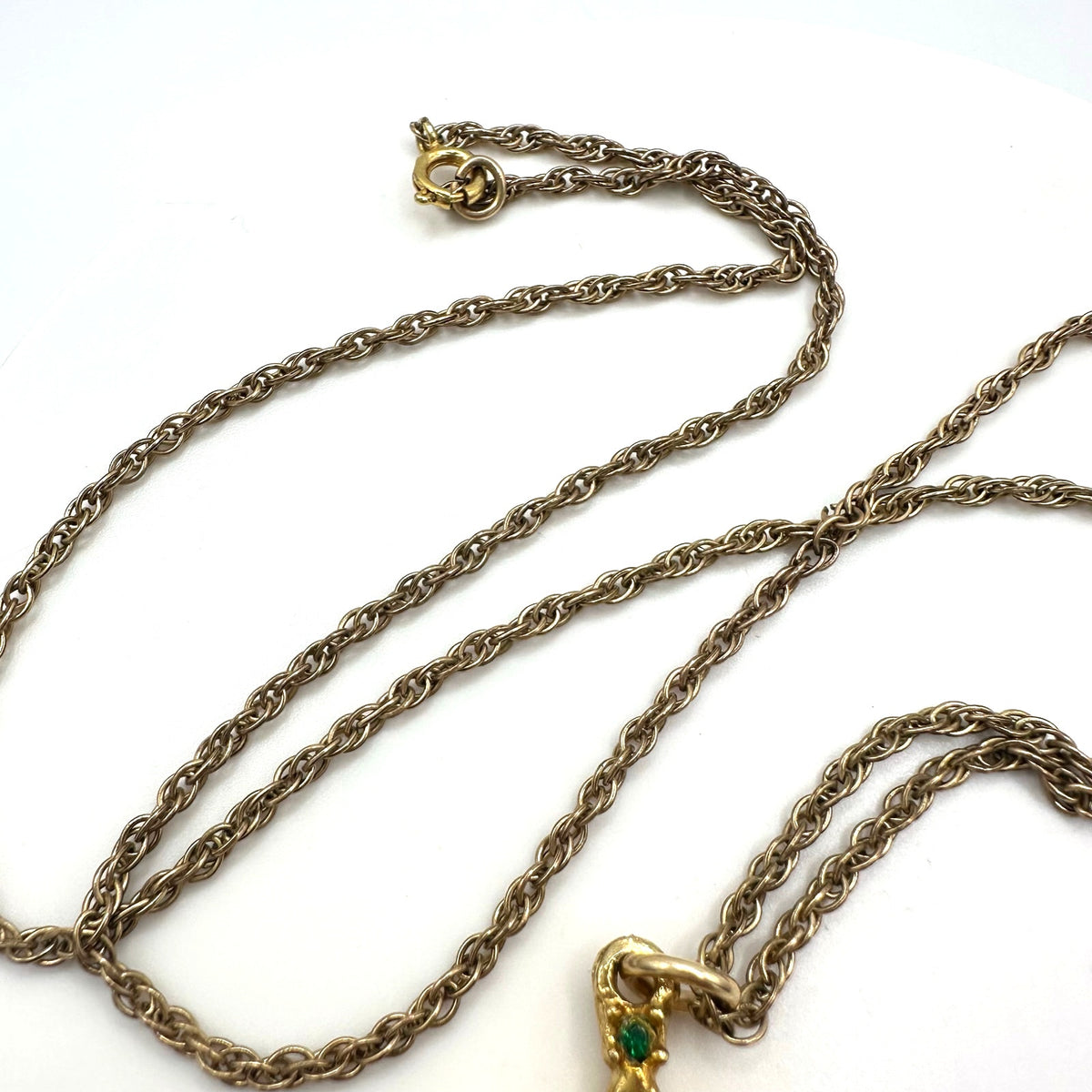 Vintage gold tone green faux jade art glass Buddha pendant 24" chain necklace