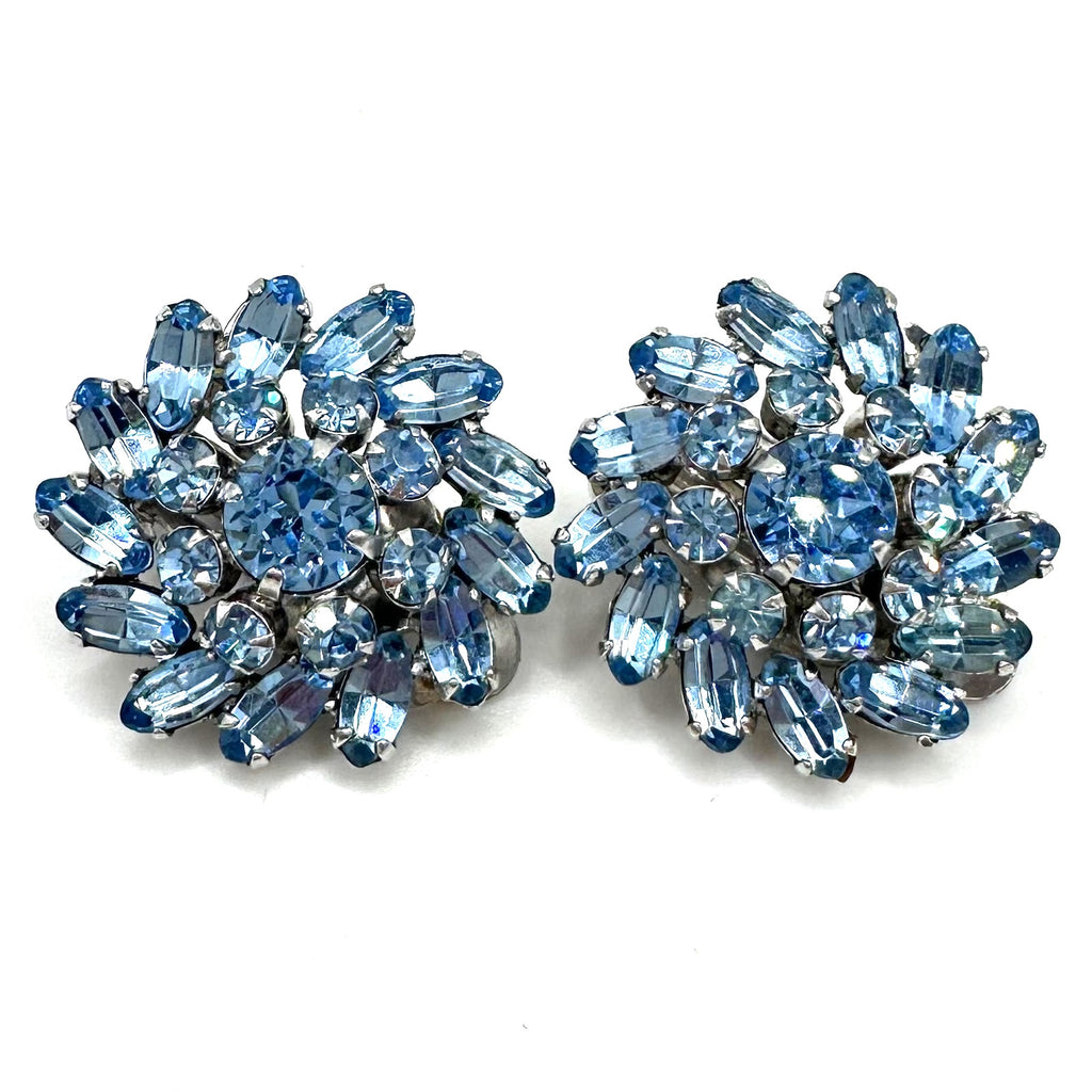 Sherman vintage silver tone light blue glass rhinestones clip on earrings