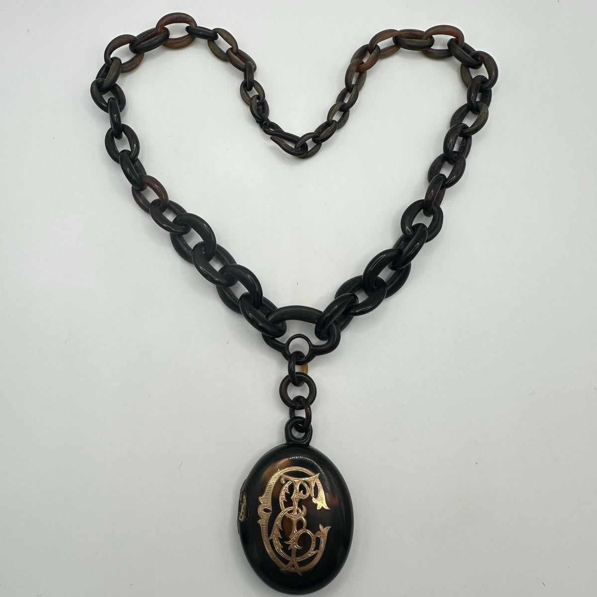 Antique Victorian 1800s Pique "faux" tortoise shell 14kt gold inlay locket chain