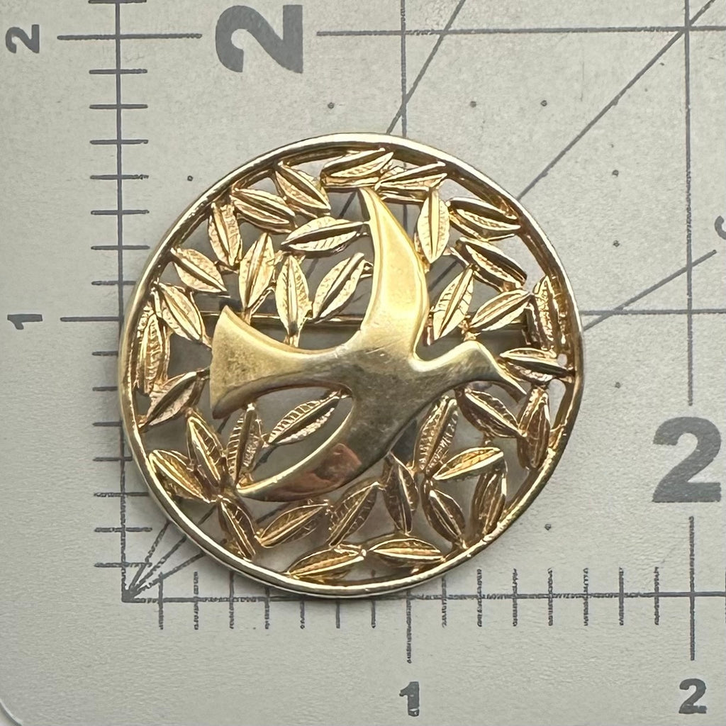 Michele Lynn signed vintage gold tone dove bird leaves round circular brooch