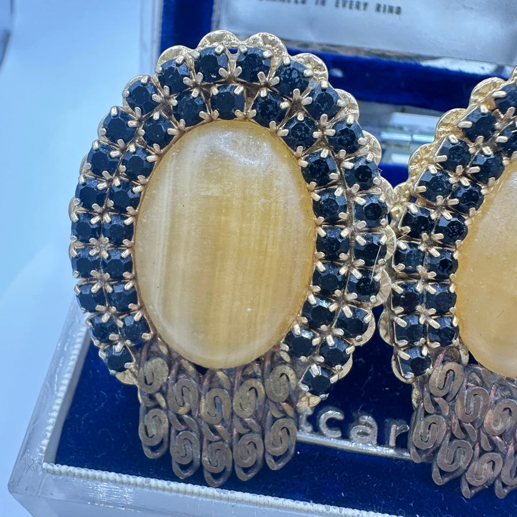 1950s vintage gold tone filigree black rhinestones chalcedony clip on earrings