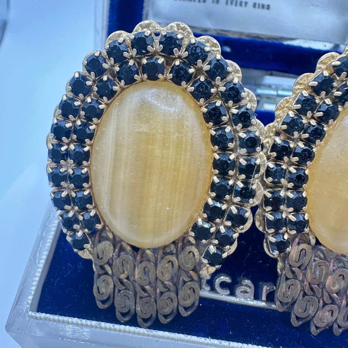 1950s vintage gold tone filigree black rhinestones chalcedony clip on earrings