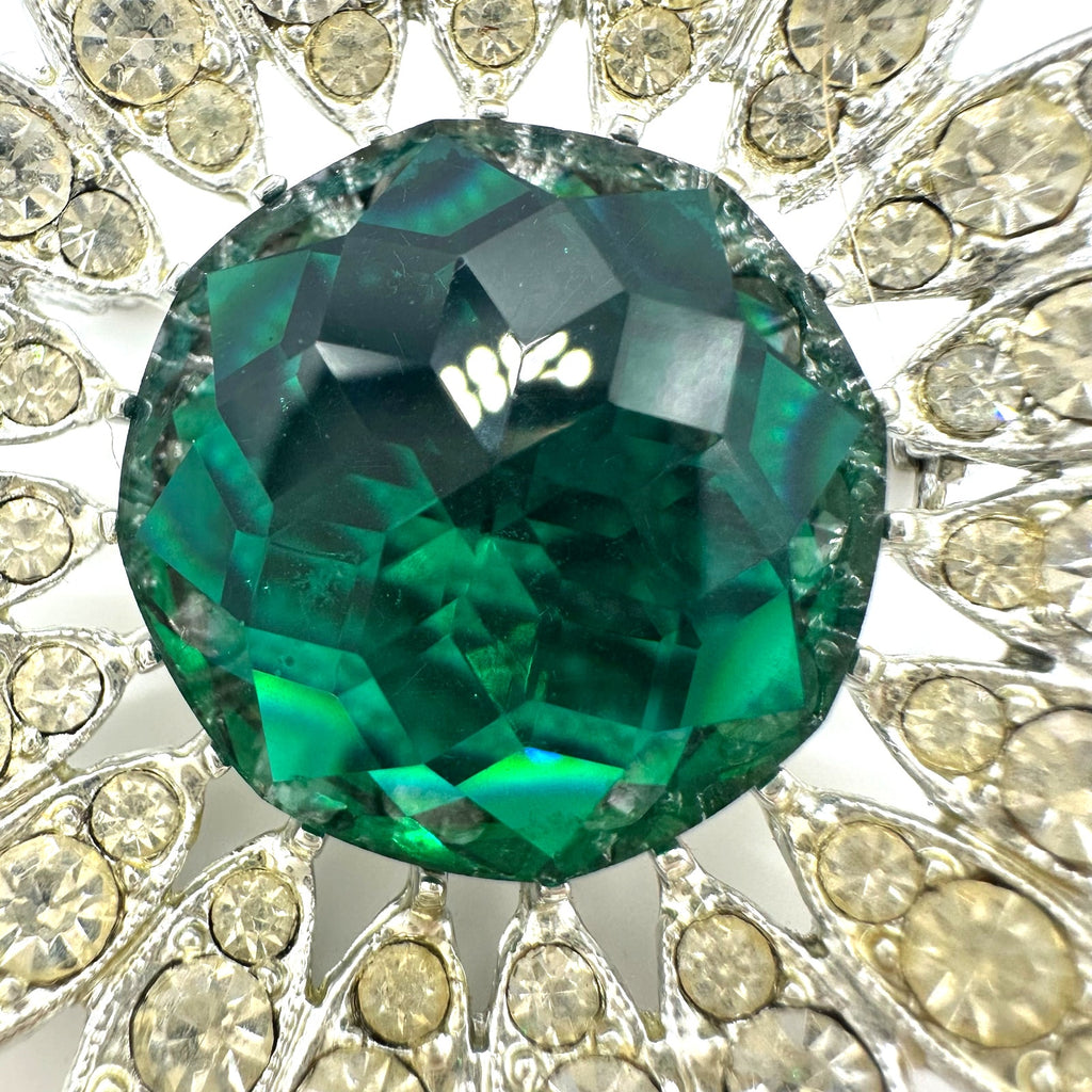 Sarah Coventry 1964 vintage silver tone green clear rhinestones Kathleen brooch