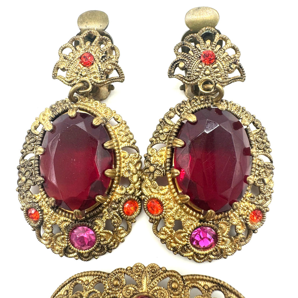 West Germany vintage gold tone red pink rhinestones brooch clip on earrings set
