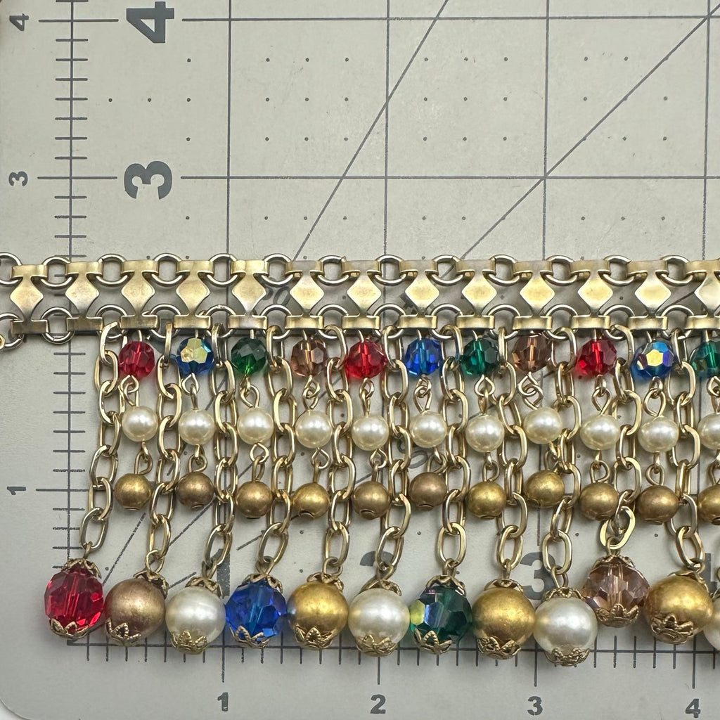 Alice Caviness vintage gold tone AB glass faux pearls beaded fringe necklace