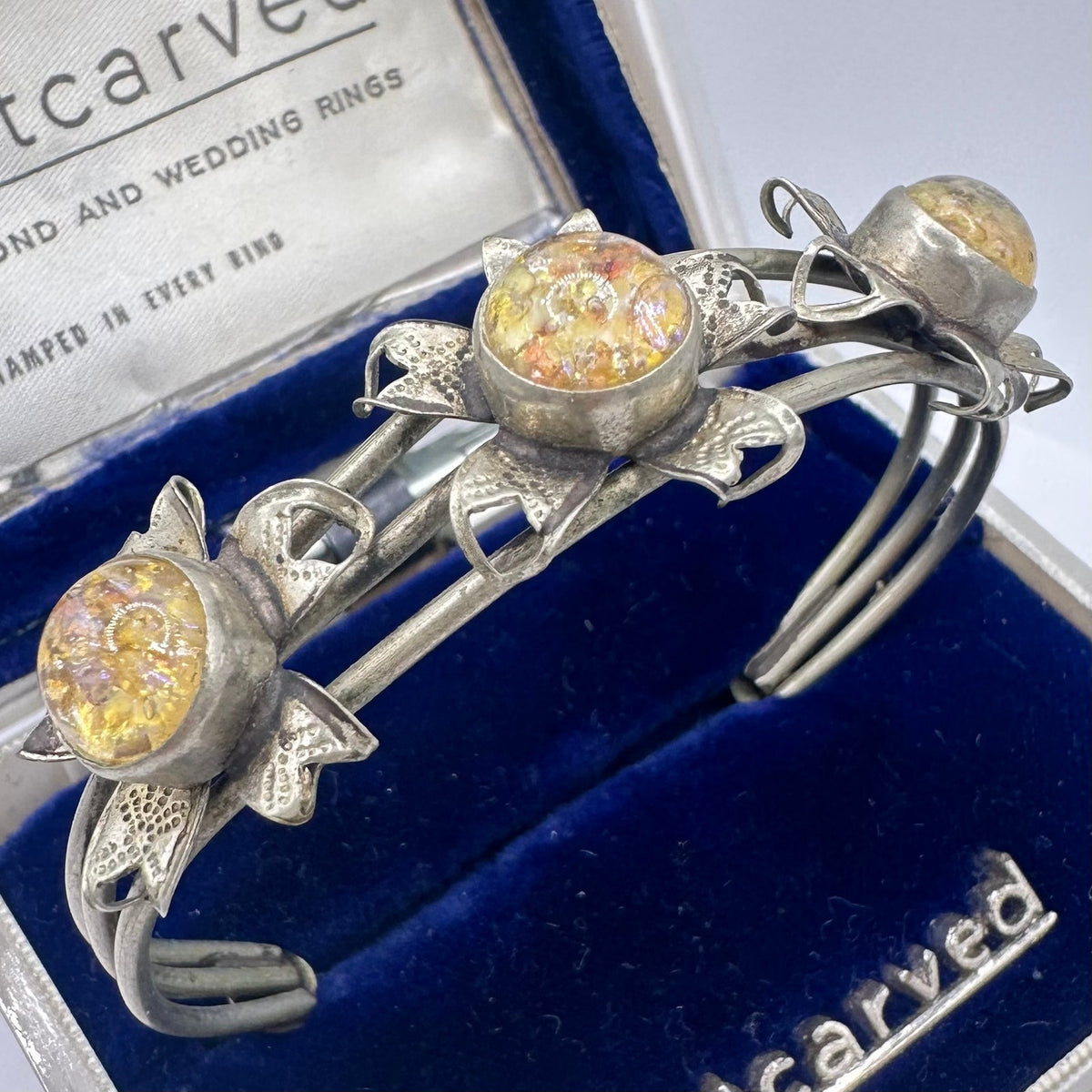 1940s vintage silver alloy floral art glass cabochons adjustable cuff bracelet