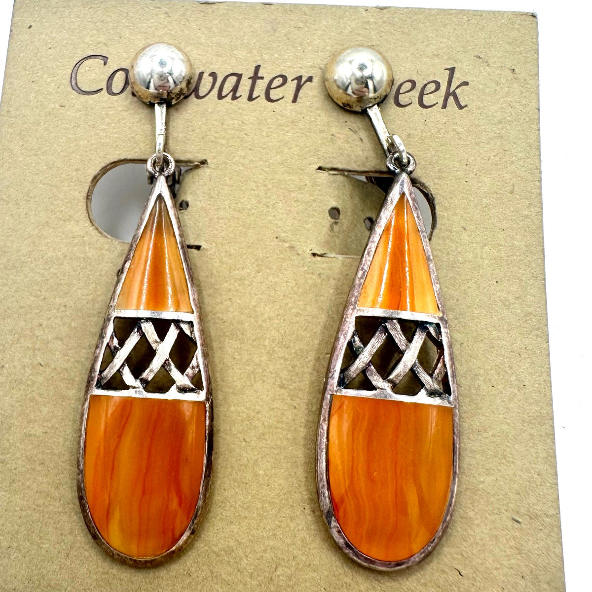 Coldwater Creek Thailand Tunisia sterling silver orange enamel clip on earrings