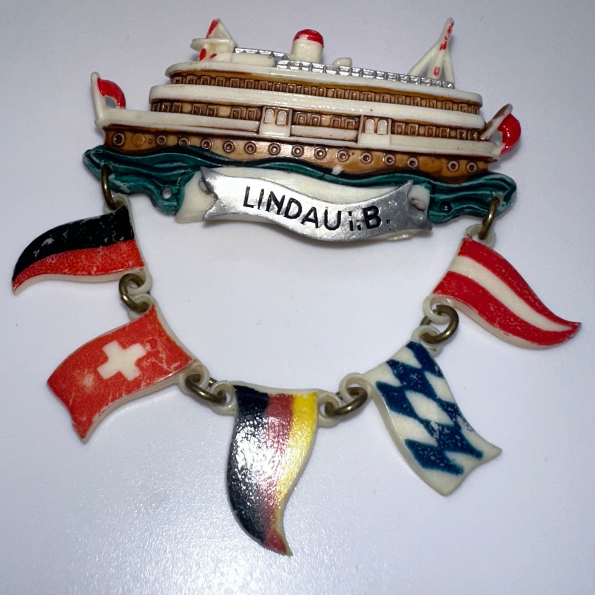 Lindau Germany 1940s retro hand painted celluloid souvenir ship flags brooch